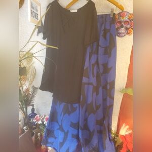 Elegant Black and Blue Patterned Pants And Matching Blouse